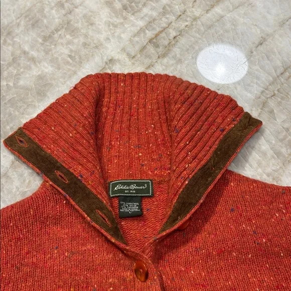 Eddie Bauer Red/Orange Tweed Cardigan Wool/Cashmere with Leather Accents | Sz L - Picture 7 of 8